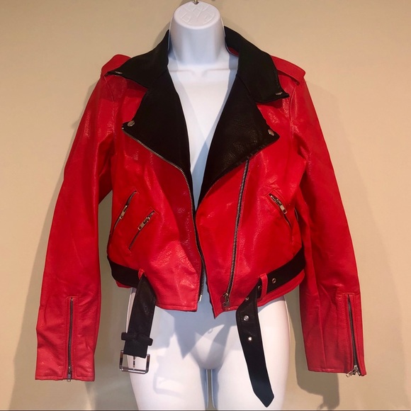 Tobi Jackets & Blazers - TOBI Black + Red Faux Leather Moto Jacket, NWT